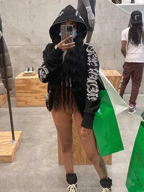 Haut à capuche zippé imprimé lettres pour femmes en hiver