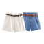 A-line belt denim casual shorts for women - Korvel