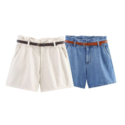 A-line belt denim casual shorts for women - Korvel