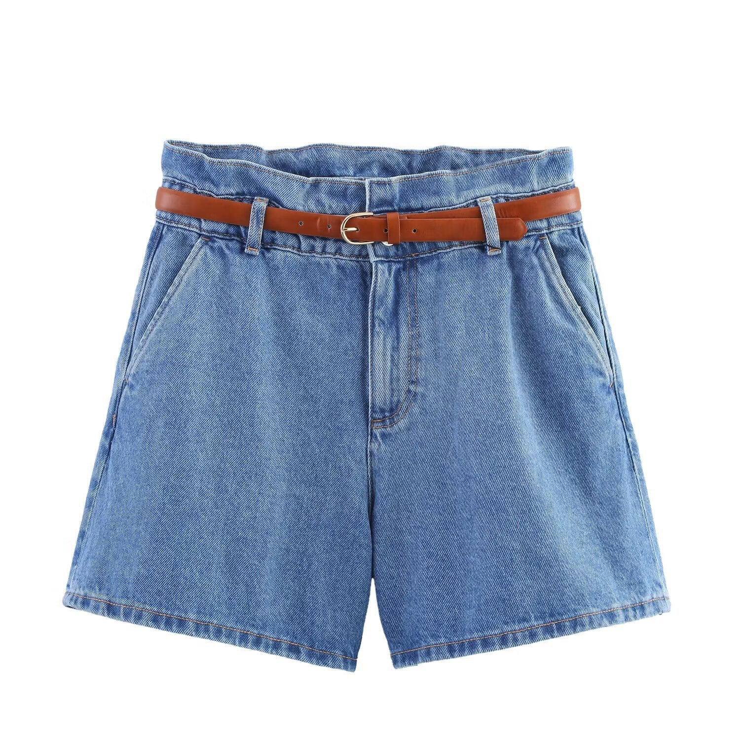 A-line belt denim casual shorts for women - Korvel