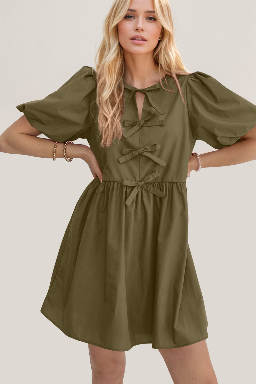 Elegant Ruched Puff Sleeve Mini Dress with Bow Detail
