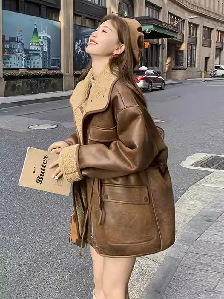 Thickened Lambskin Coat with Integrated Fur Lining