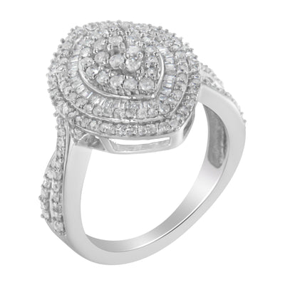 .925 Sterling Silver Round & Baguette Diamond Halo Cocktail Ring - Size 7