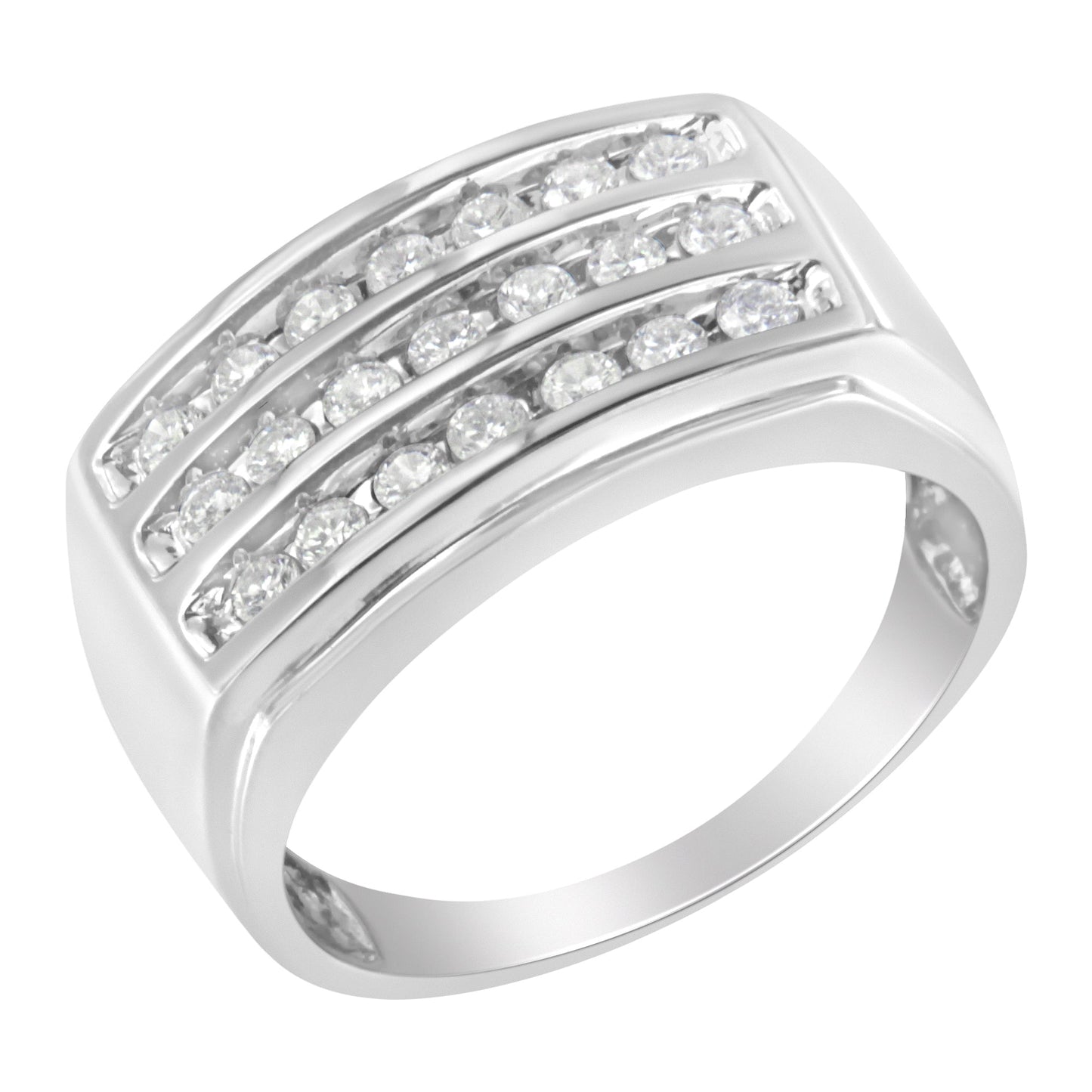 Bague en or blanc 14K pour homme avec diamants en sertissage cannelé