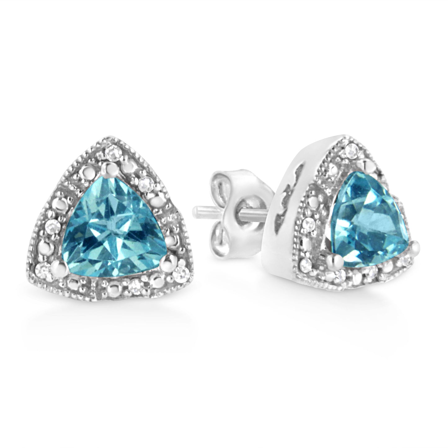 Boucles d'oreilles en argent sterling .925 avec topaze bleue taille trillion et accents en diamant