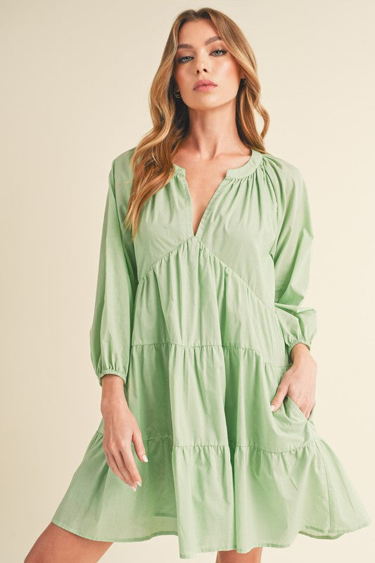 Notched Balloon Sleeve Tiered Mini Summer Dress for Women