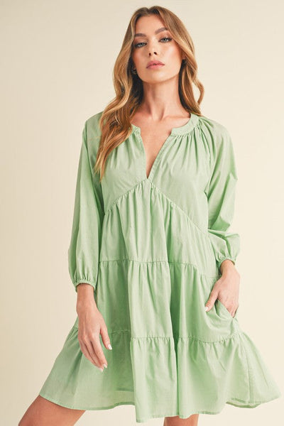 Notched Balloon Sleeve Tiered Mini Summer Dress for Women