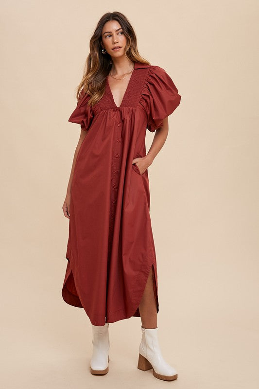 Robe Midi à Manches Bouffantes Smockée pour Femmes