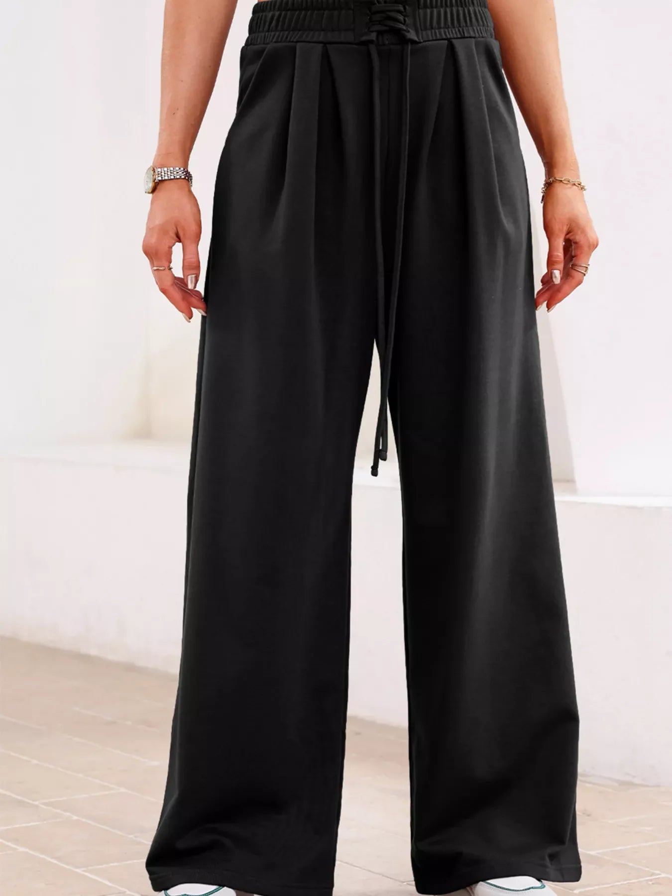 Pantalons de survêtement plissés à taille haute élastique à nouer