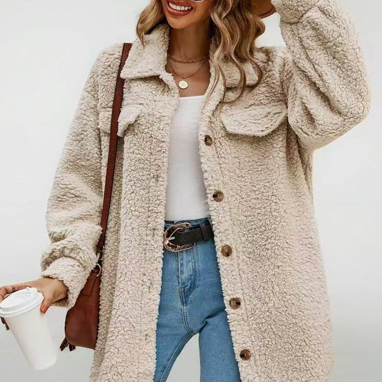 Manteau en fausse fourrure à capuche mi-long en peluche ours pour femmes