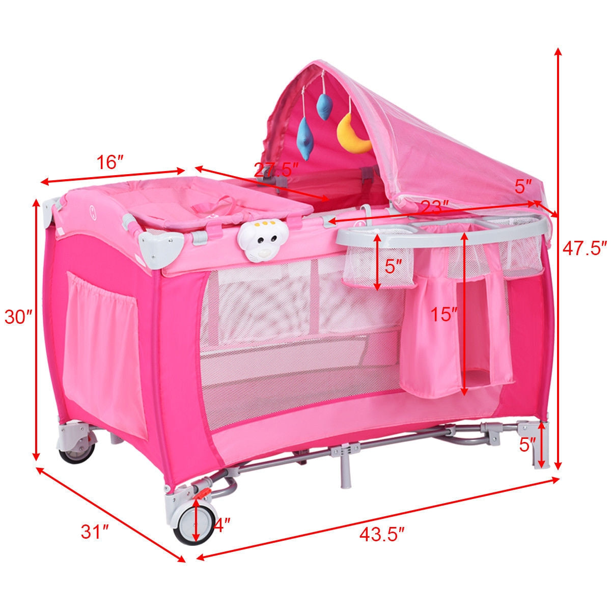 Foldable Baby Crib Playpen with Mosquito Net - Pink