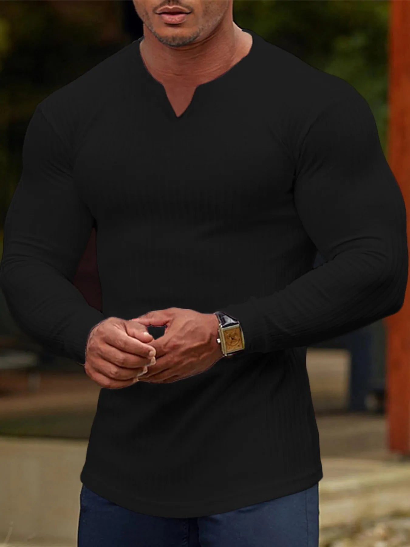 Camiseta de manga larga deportiva de talla grande para hombre con cuello notch