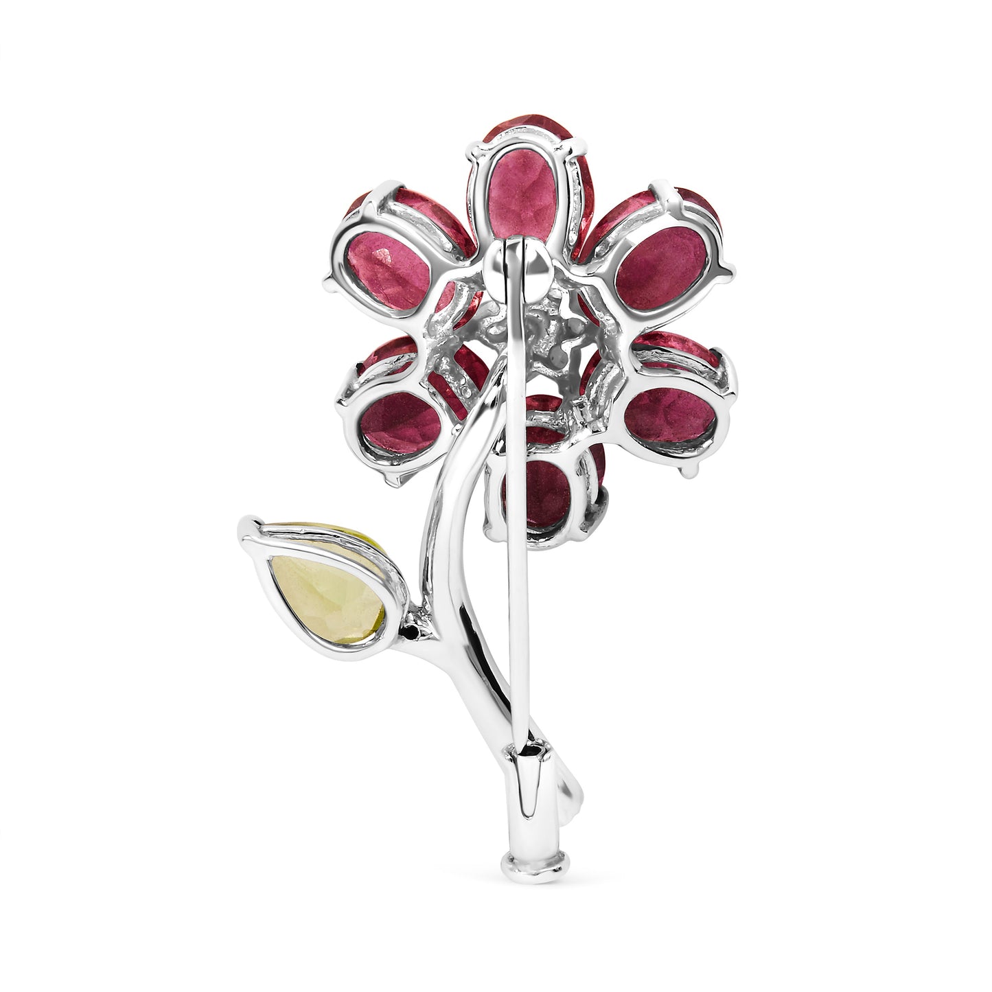 Broche épingle en or blanc 18K avec diamants et tourmaline en forme de fleur
