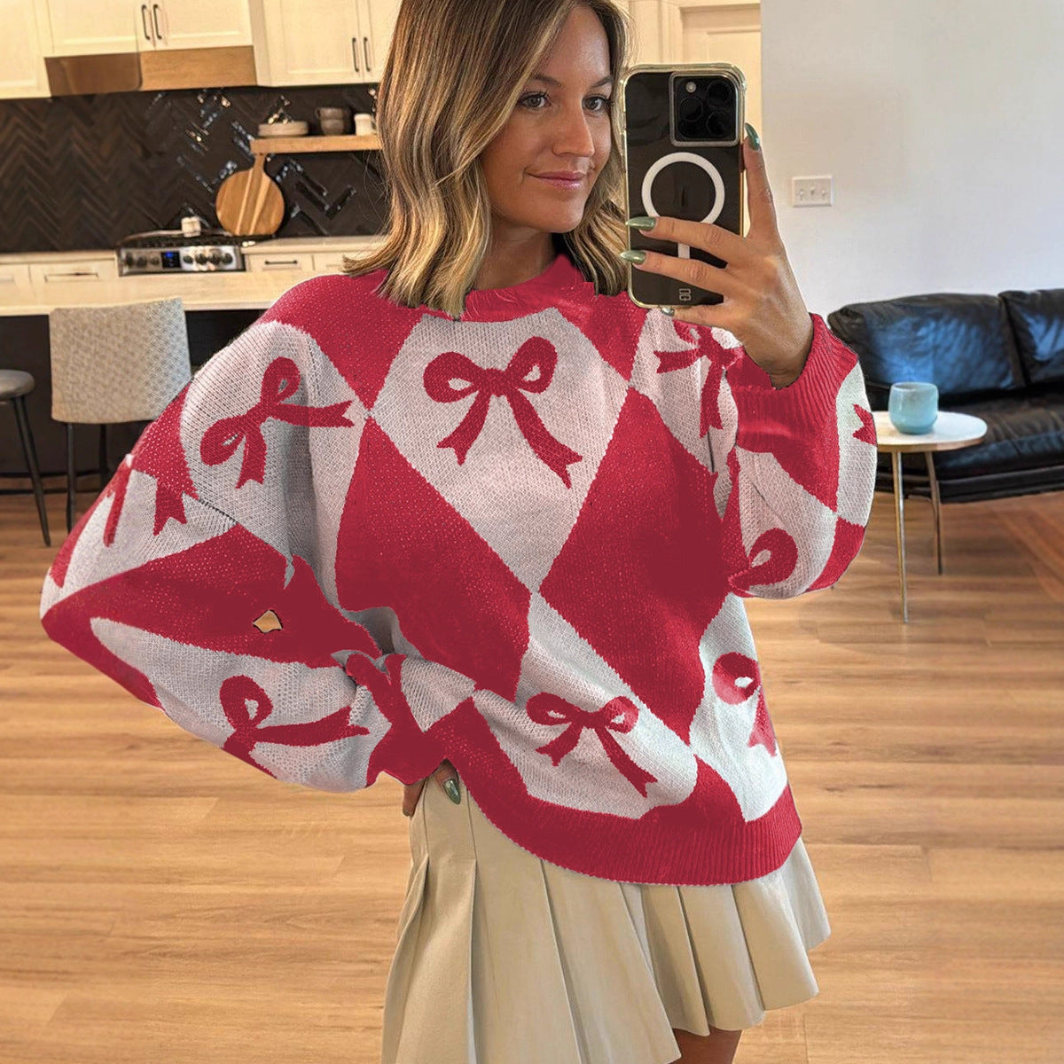 Womens Trendy Pullover Sweater with Bow-knot Print