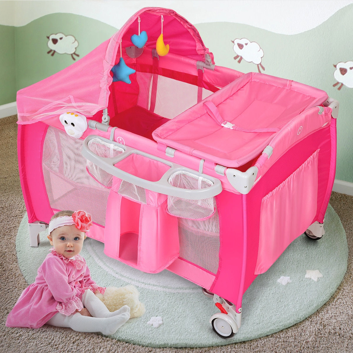 Foldable Baby Crib Playpen with Mosquito Net - Pink