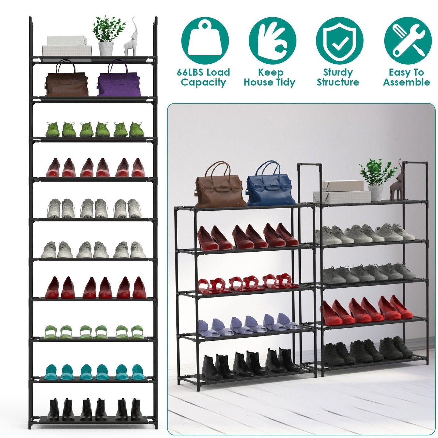 10-Tier Space-Saving Shoe Rack for 25-30 Pairs