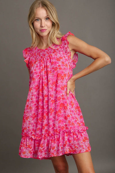 Pink Floral Ruffle Cap Sleeve Plus Size Dress