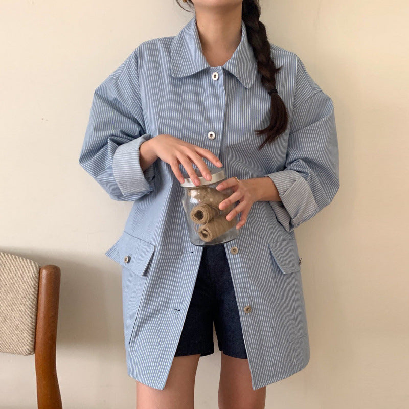 Commuter-Style Relaxed-Fit Striped Long-Sleeve Shirt Jacket