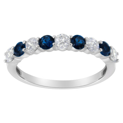 10KT White Gold Diamond & Created Blue Sapphire Band Ring - Size 7