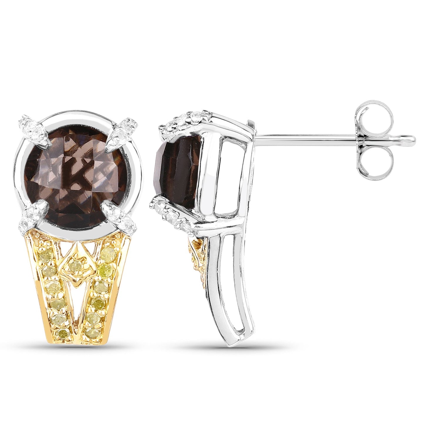 Boucles d'oreilles en argent sterling avec quartz fumé et diamants de 3,75 carats