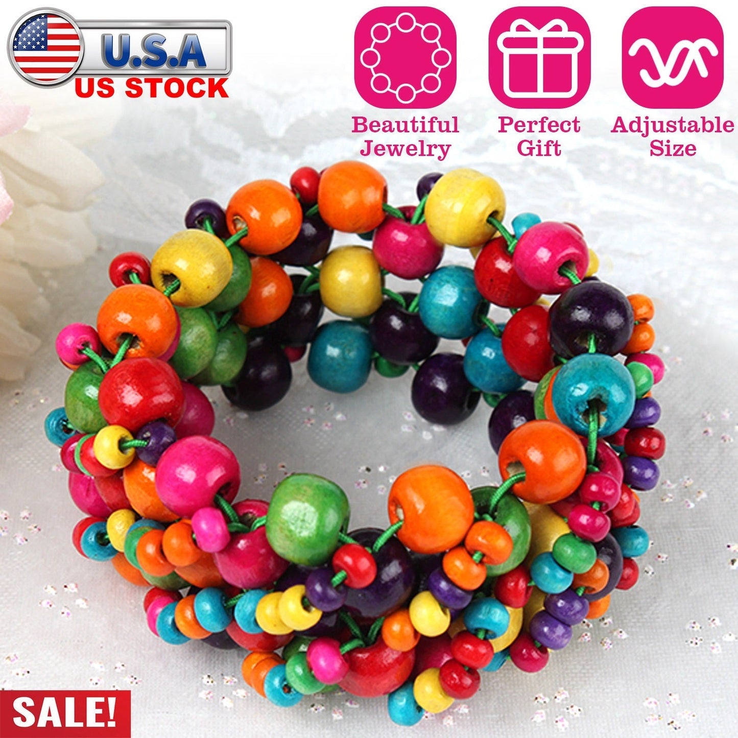 Vibrant Multi-Color Wooden Beaded Stretch Bracelet