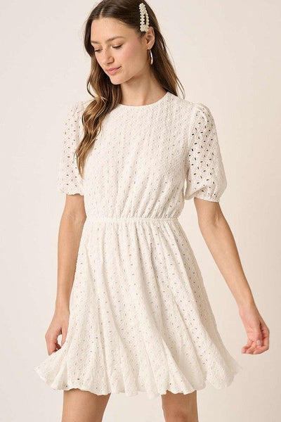 Elegant Eyelet Puff Sleeve Mini Dress