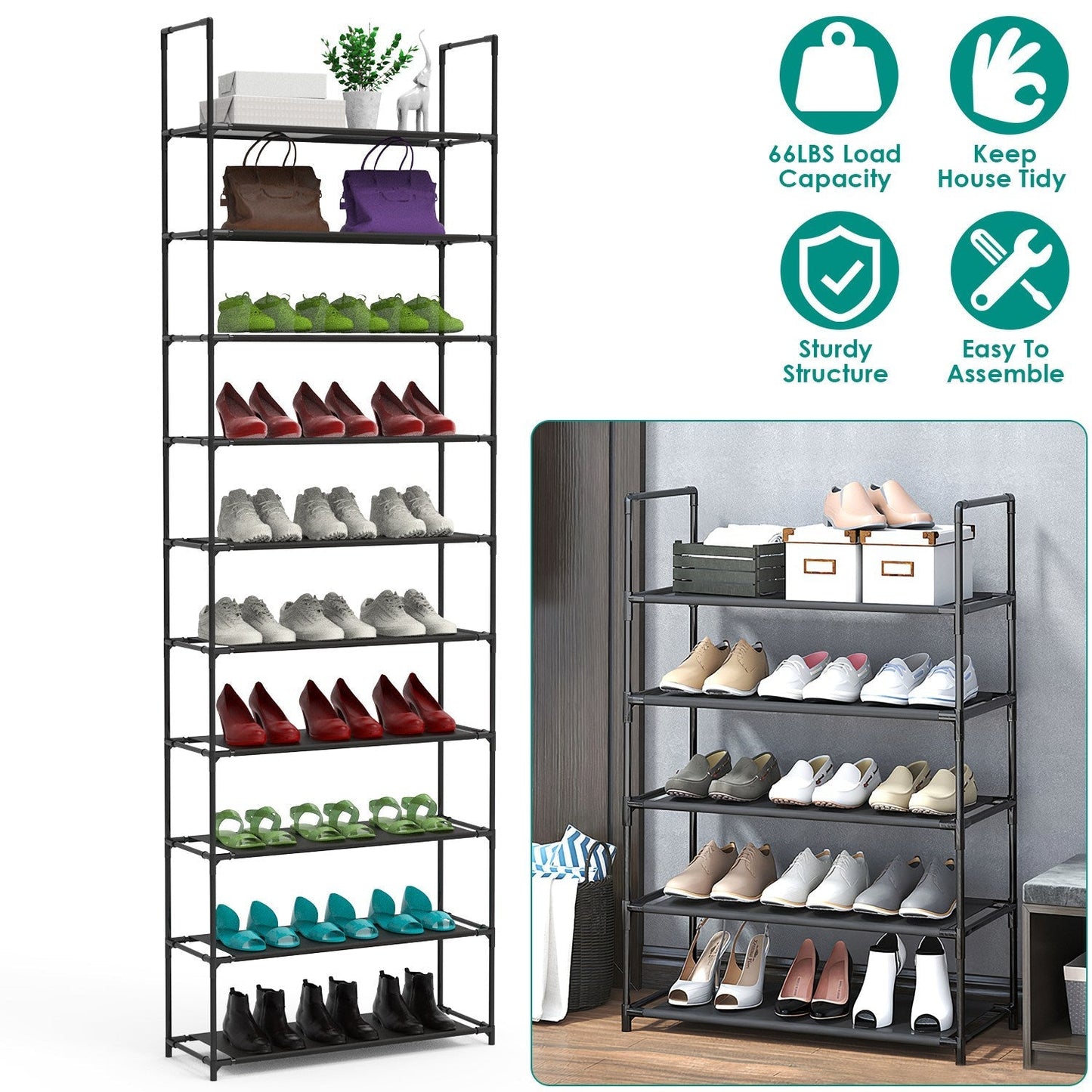10-Tier Space-Saving Shoe Rack for 25-30 Pairs
