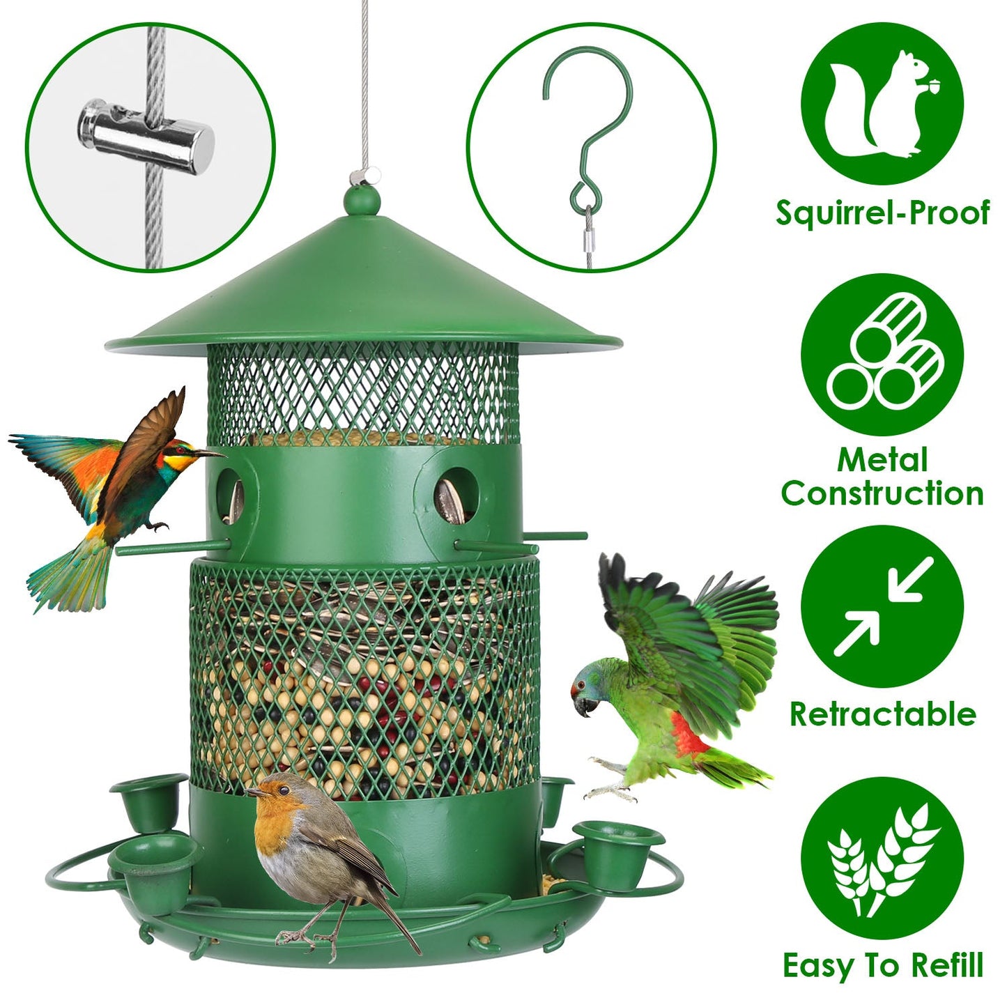 Mangeoire à oiseaux en métal anti-écureuil avec perches à 360°