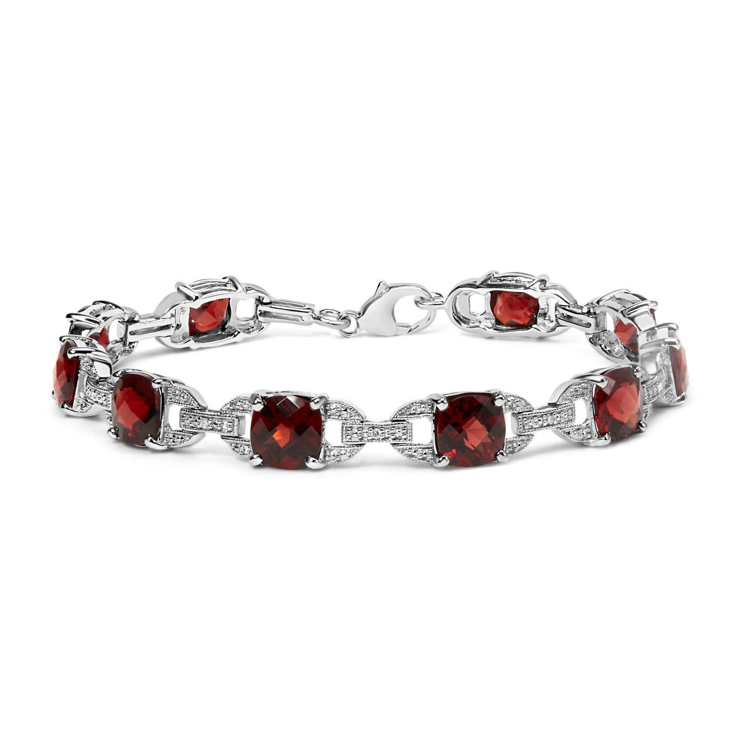 Bracelet en argent sterling .925 avec garnet rouge en taille coussin à carreaux et diamants - Taille