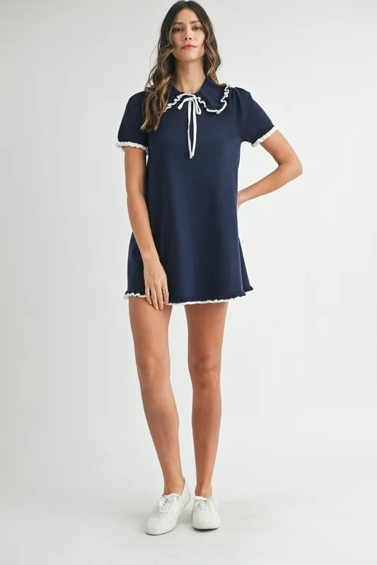 Ruffle Trimmed Collar Fine Knit Mini Dress for Women