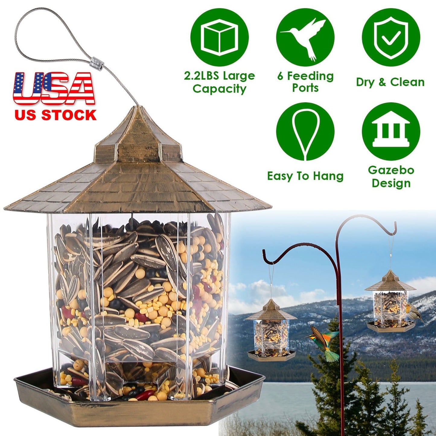 Comedero para Aves Silvestres en Forma de Gazebo Colgante con Gran Capacidad