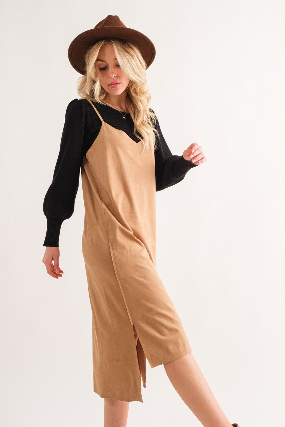 Chic Faux Suede Slit Midi Dress – Elegant Cami Dress for Every Occasion - Korvel