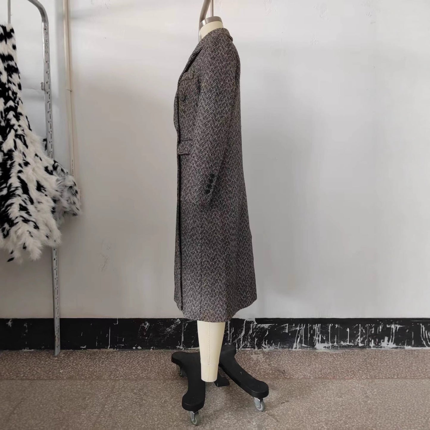 Womens British-Style Commuter Herringbone Wool Coat