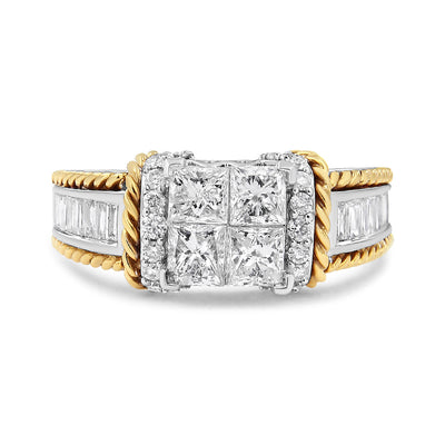Bague de fiançailles en diamant taille princesse en or blanc et jaune 14K 1,5 Cttw