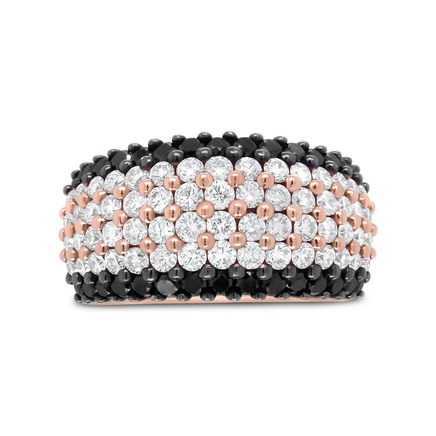18K Rose Gold Black and White Diamond 6 Row Band Ring - Size 7