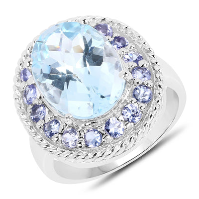 7.41 Carat Blue Topaz and Tanzanite Sterling Silver Ring
