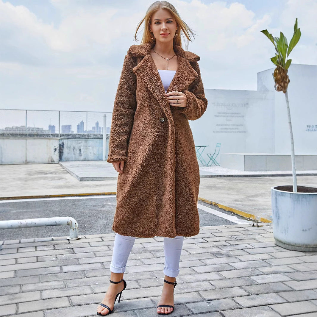 Elegant Solid-Color Long-Sleeve Coat with Lapel Collar