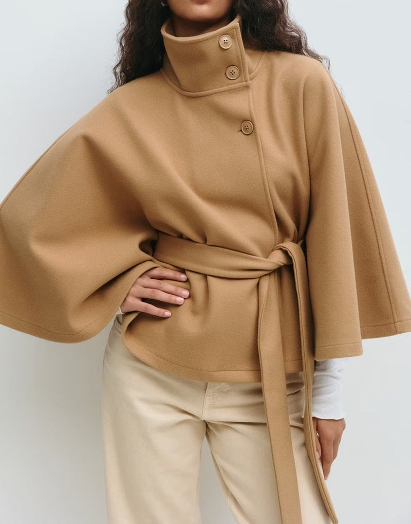 Manteau Trench Élégant d'Hiver à Col Montant et Manches Chauve-Souris pour Femmes
