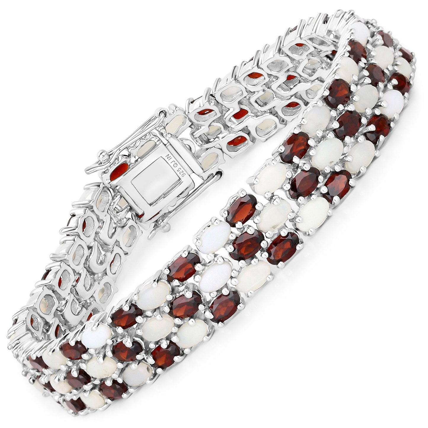 24.08 Carat Genuine Opal and Garnet Sterling Silver Bracelet
