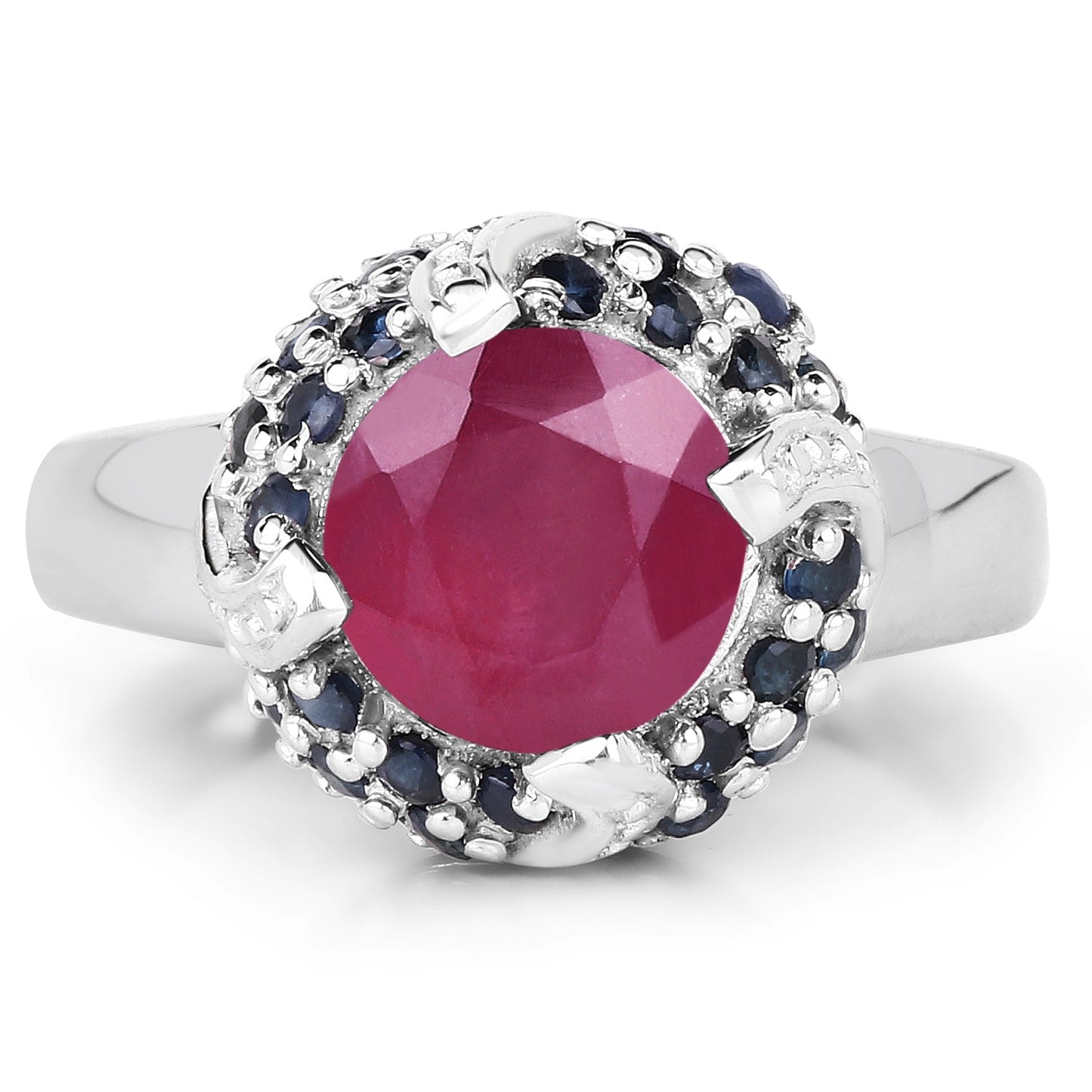 Anillo de Plata de Ley con Rubí de 3.70 Quilates y Zafiros Azules