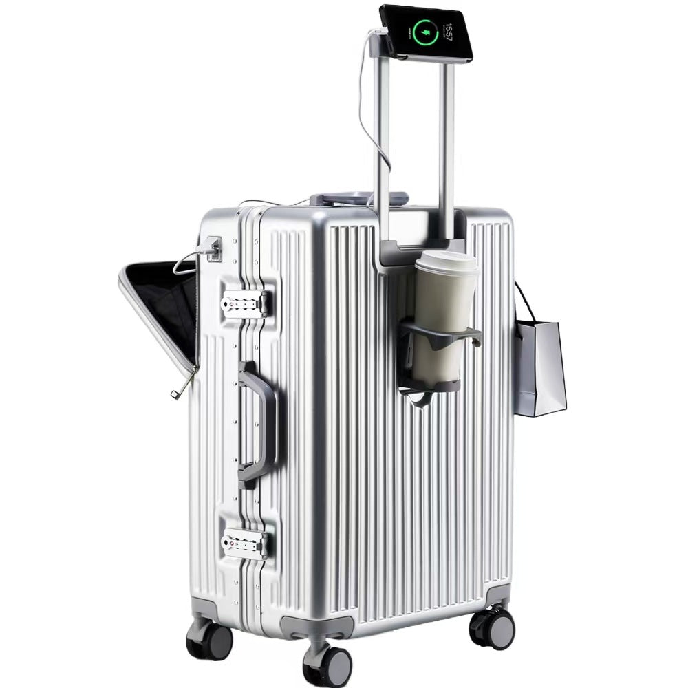 Premium Front-Opening Checked Suitcase with Aluminum Frame
