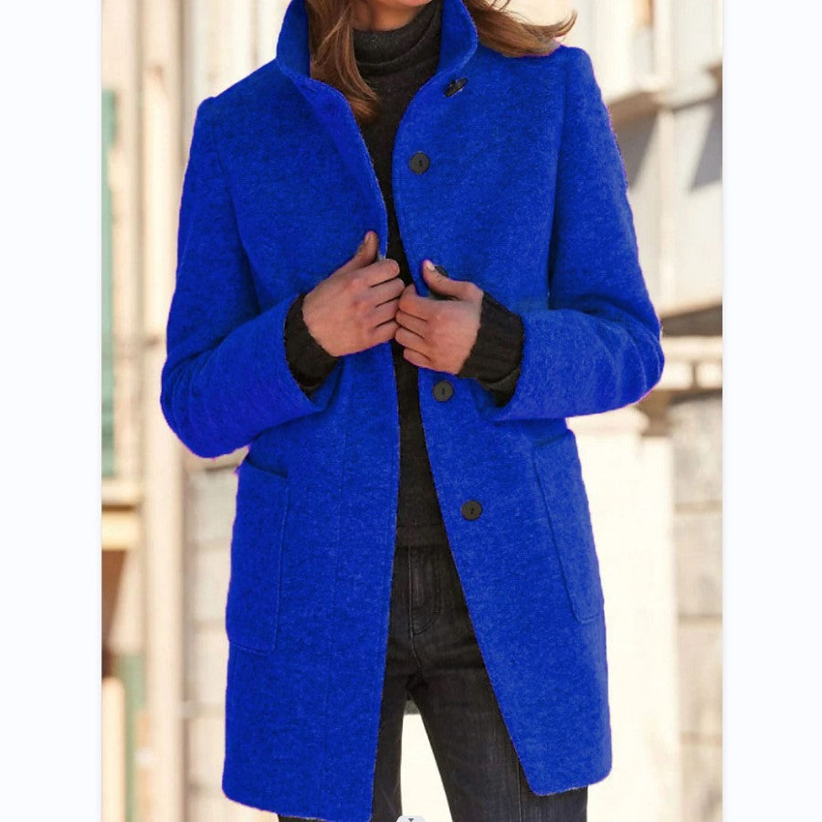 Manteau en Laine à Col Montant avec Poches pour Femmes