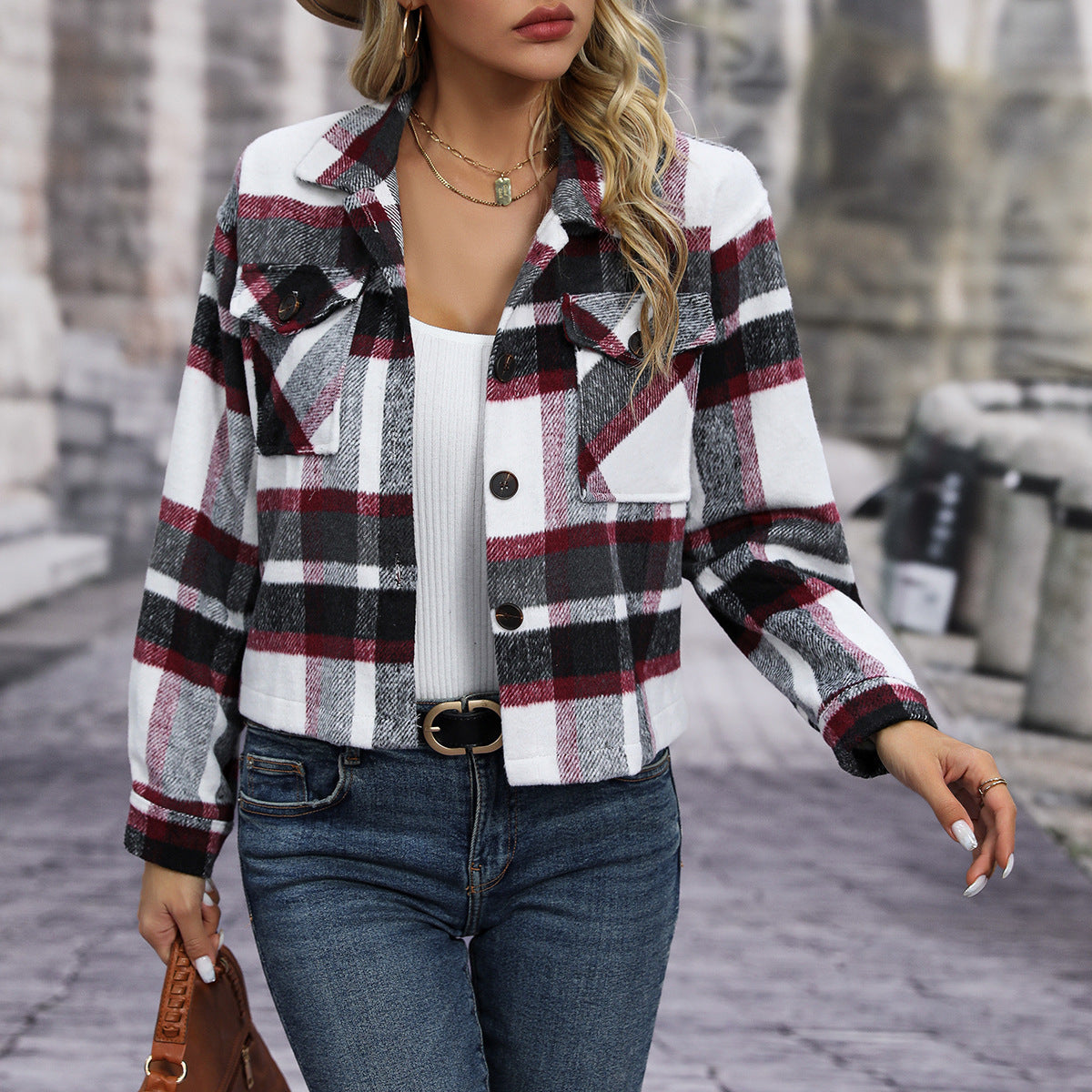 Plaid Women's Woolen Short Coat for Autumn & Winter