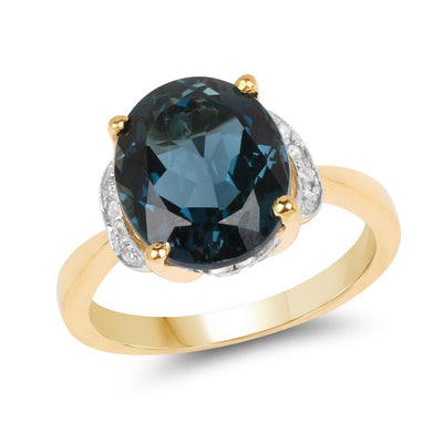 14K Yellow Gold Plated London Blue Topaz & Diamond Ring