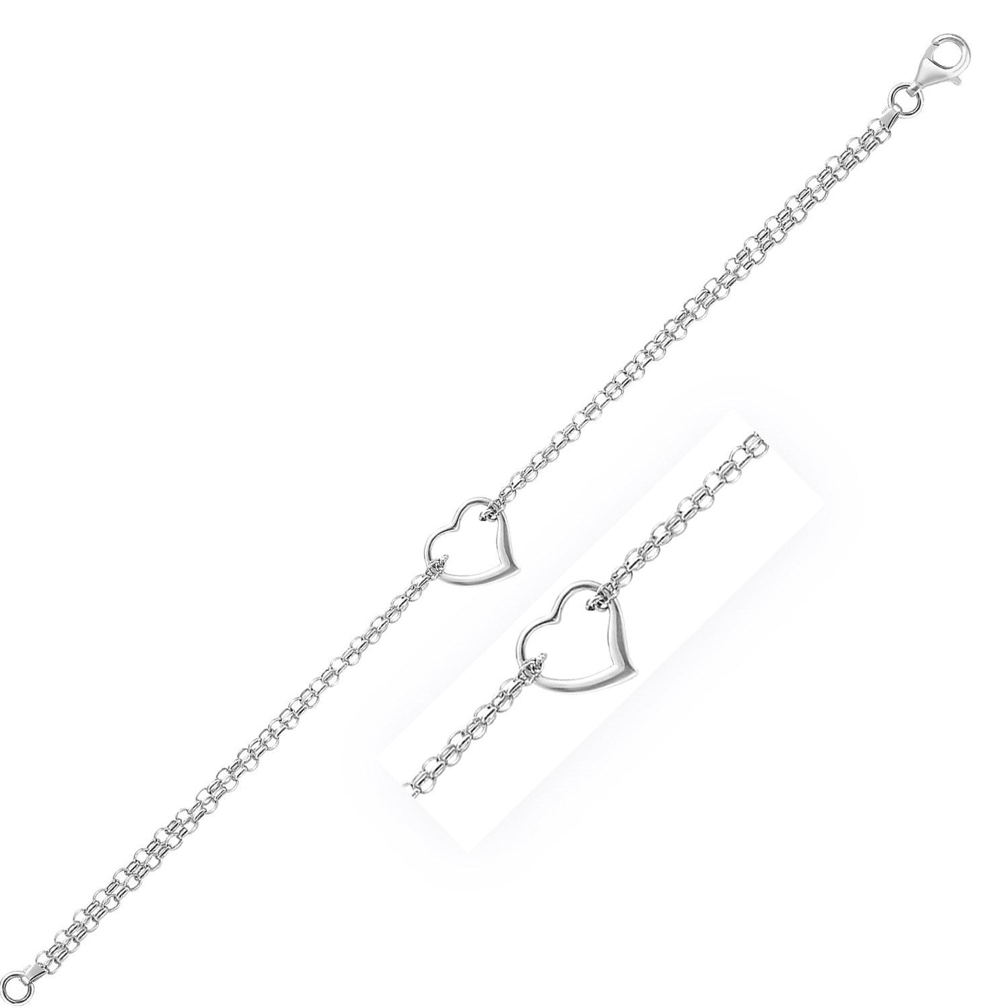 Bracelet de cheville en chaîne câble en or blanc 14k avec station en forme de cœur
