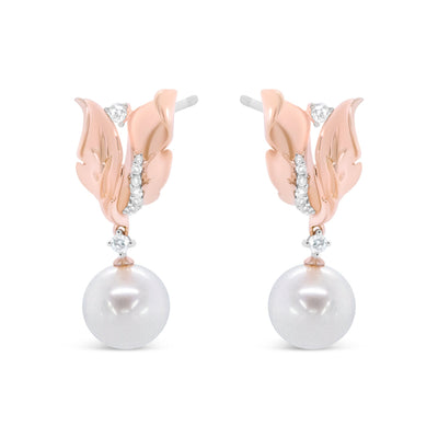 Pendientes de Stud en Oro Rosa de 14K con Flores, Diamantes y Perlas