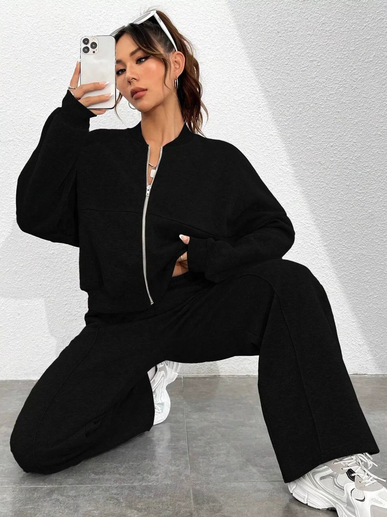 Ensemble de Veste Zippée en Couleur Unie et Pantalons à Jambes Larges