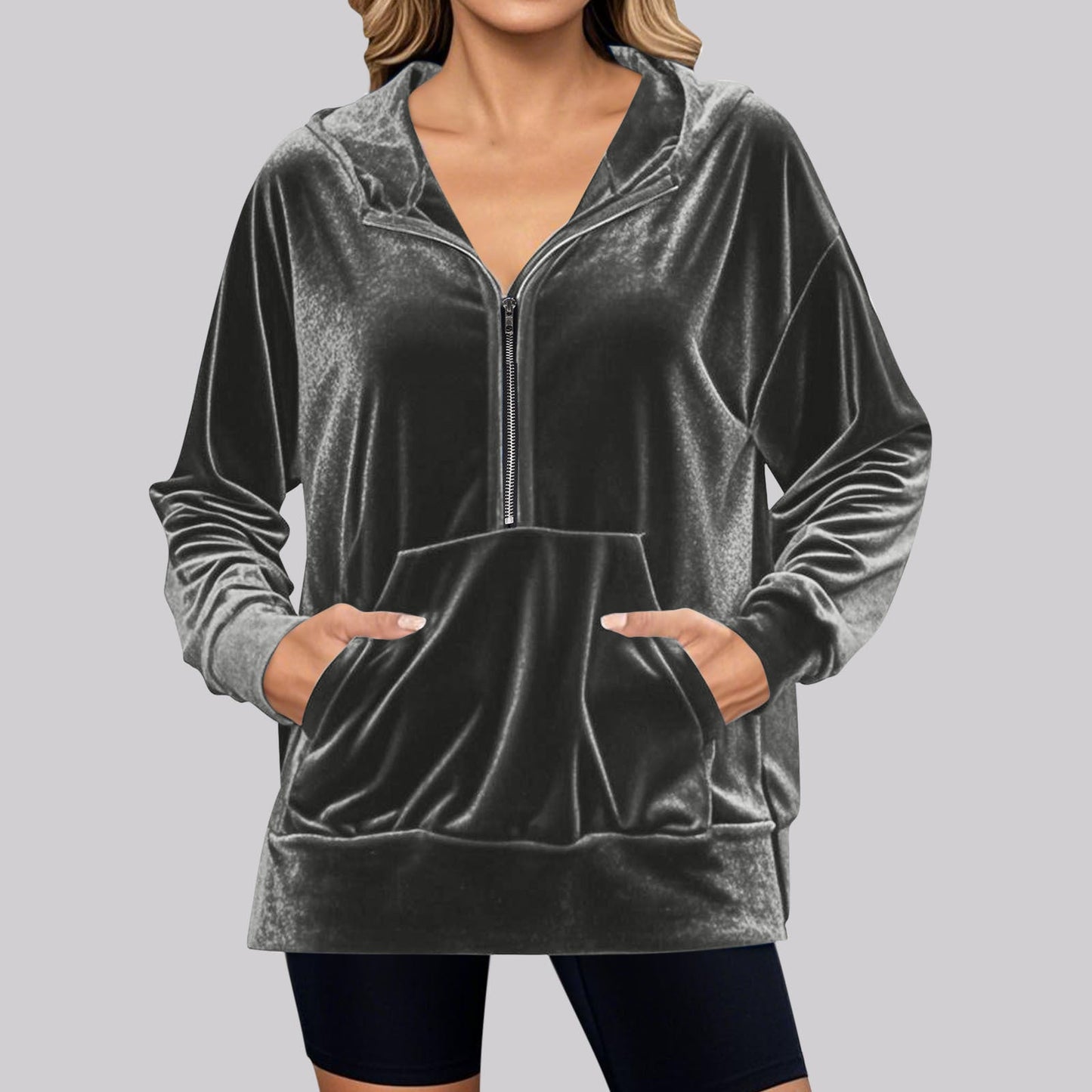 Loose Long Sleeve Zipper Pocket Pleuche Top for Women