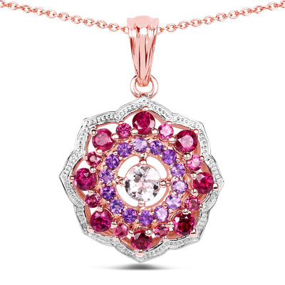 14K Rose Gold Plated Morganite, Rhodolite & Amethyst Pendant