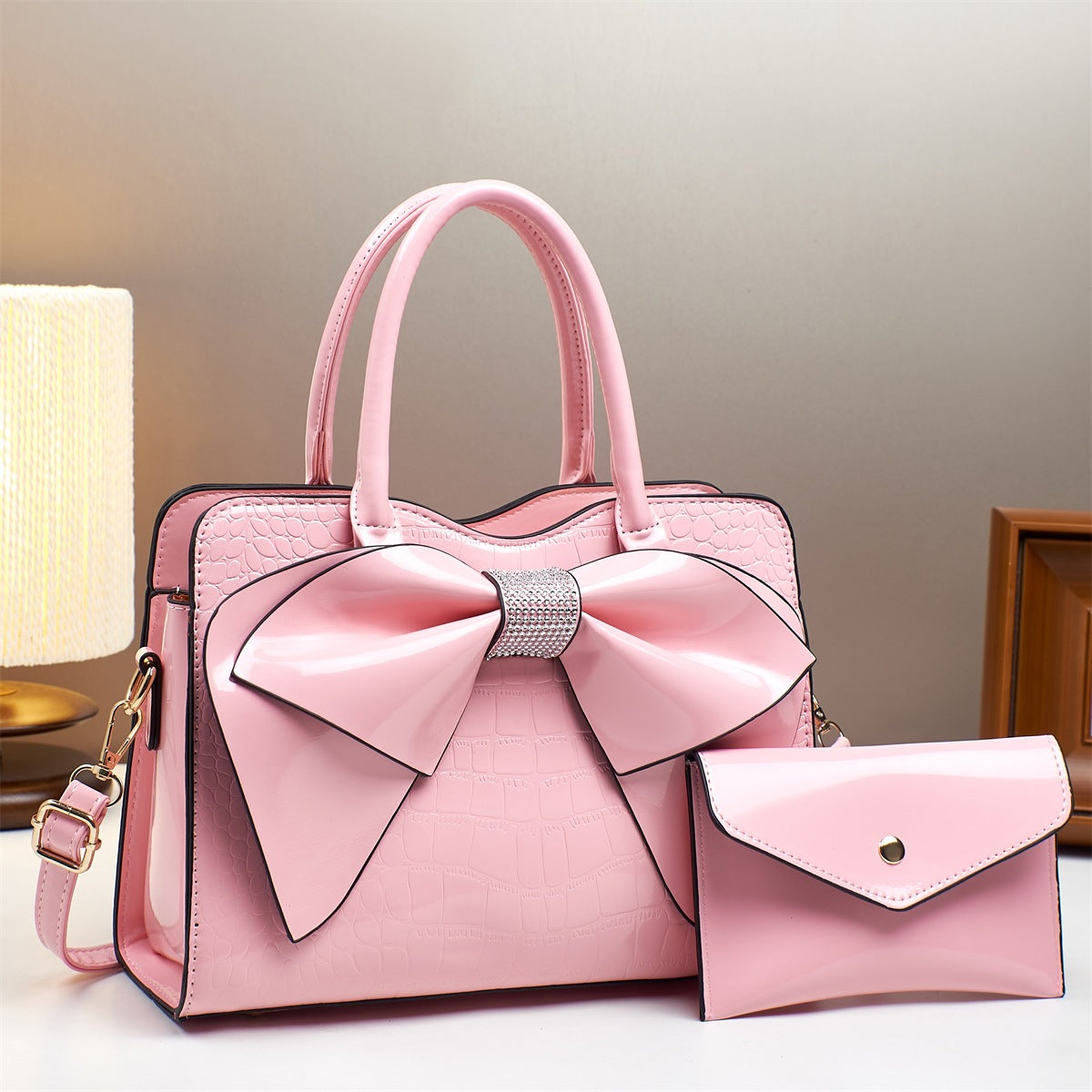 Sac seau à nœud en imprimé crocodile - Cuir verni brillant